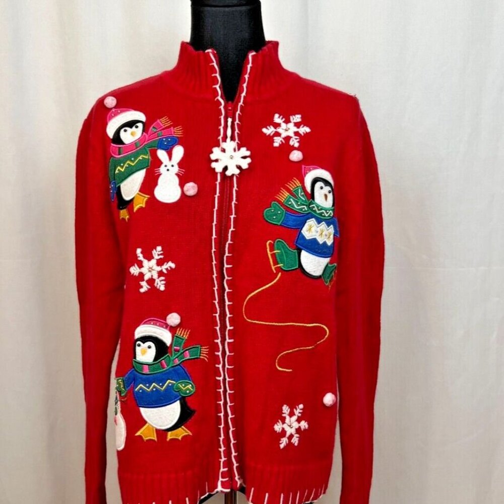 Vintage Christmas Red Cardigan With Embroidered Penguins & Snowmen Theme